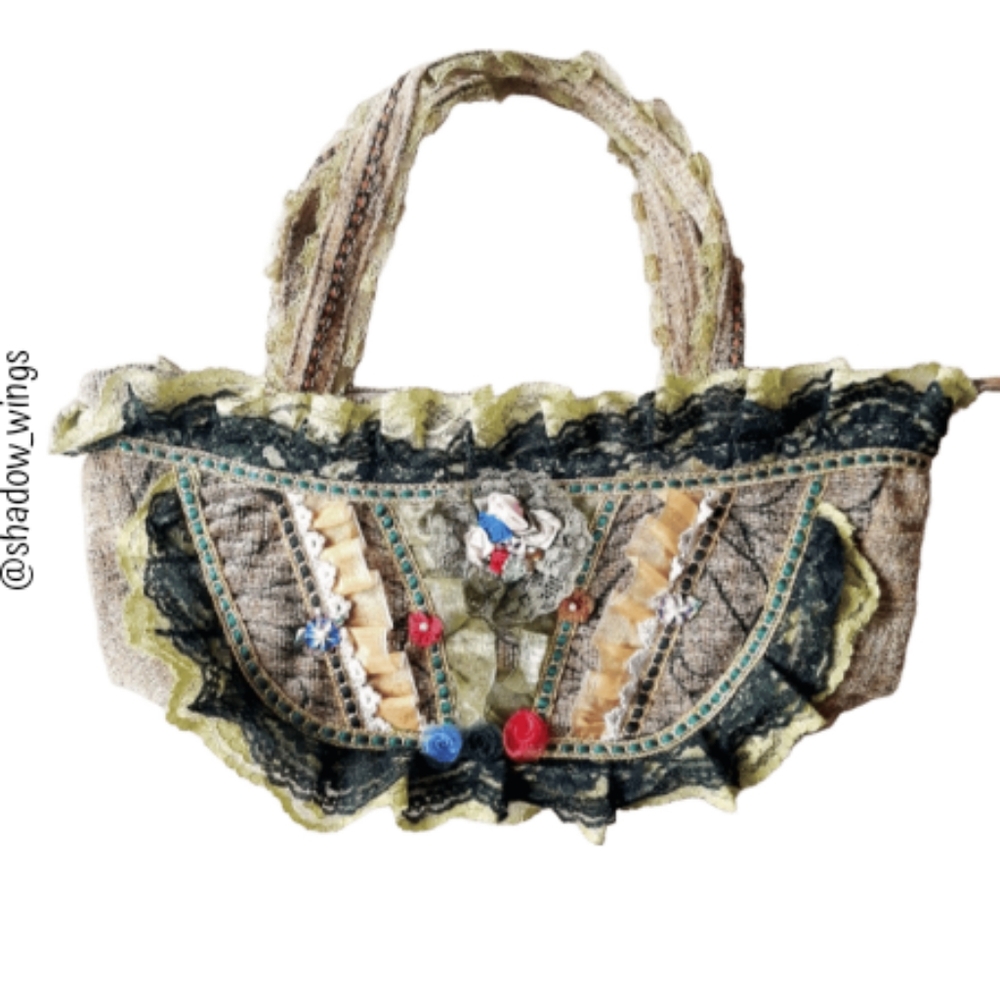 Embellished Whimsical Floral Tapestry Bag - Victorian Style Ruffle Hand Bag - Picture 6 of 16